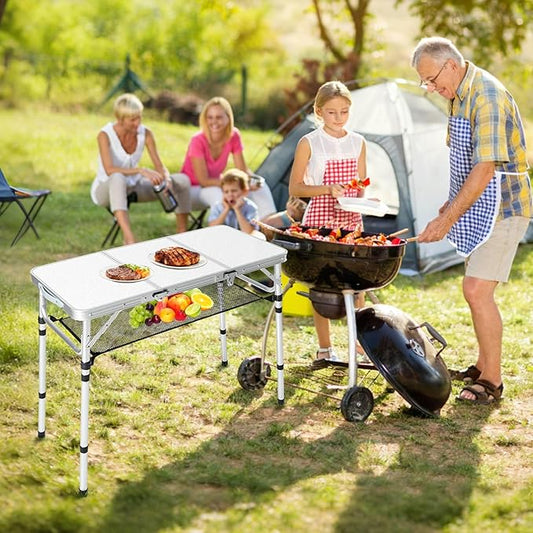 Folding Camping Table with Storage Net,3ft Portable Aluminum Folding Table with 3 Adjustable Height Max 27.3 Inch for Outdoor Backyard BBQ Picnic Cooking Tents Beach Indoor Bedroom(Silver)