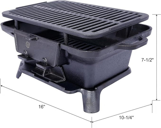 LuckyNote Oval Iron Grill Outdoor, Portable Charcoal Grill and Tabletop Cast Iron Skillet - 100% Cast Iron, Durable, Small Charcoal Grill, Camping Stove, Hibachi Grill Black