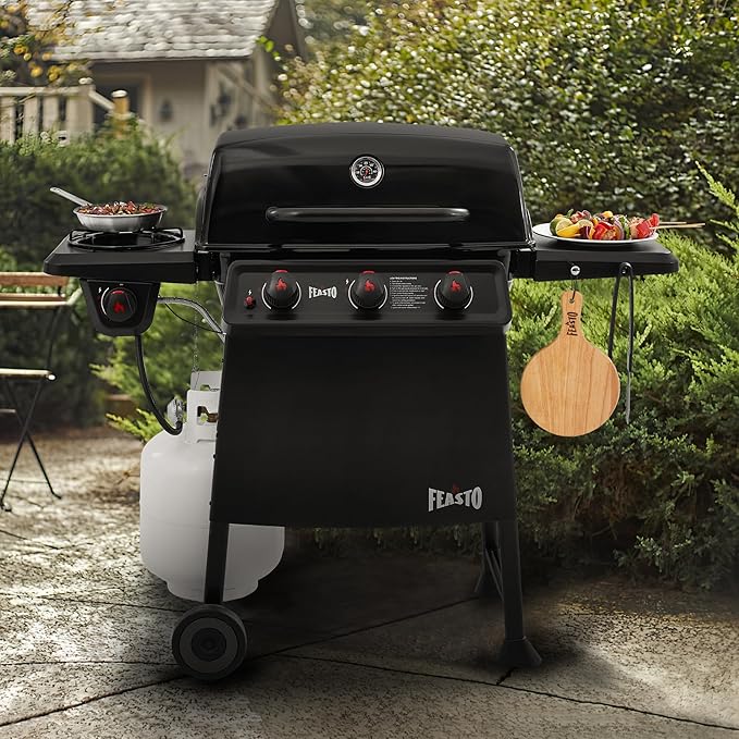 Feasto 3 Burner Propane Gas Grill with Side Burner, Porcelain-Enamel Main Body and Lid, Propane BBQ Grill with 38,000 BTUs Output & Side Table for Patio, Backyard, Poolside Gatherings