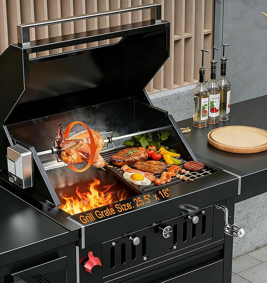 Built In Charcoal Grill, Stainless Steel Charcoal BBQ Grills with Liftable Tray, Visible Insulated Hood & Temp Gauge, 459SQ In Cooking Grid Area for Outdoor Kitchen Cooking Family Parties (Black kit)