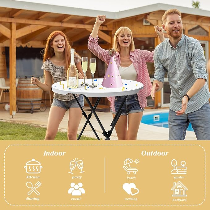 GUAGUA 32in Folding Cocktail Table, Bar Height, Round,High Top, White | Portable plastic table with folding legs for parties, weddings, catering, and indoor or outdoor events.