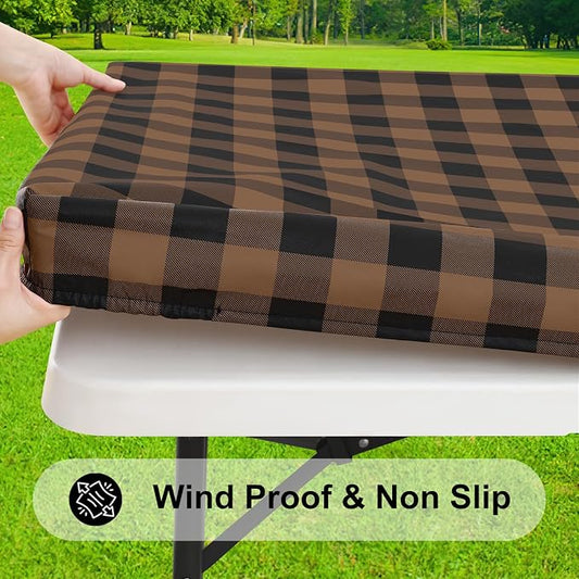 Smiry Rectangle Picnic Table Cloth, Elastic Waterproof Fitted Vinyl Tablecloths, Flannel Backed Buffalo Plaid Table Covers for Dining, Camping, Outdoor (Black and Brown, 30" x 48")