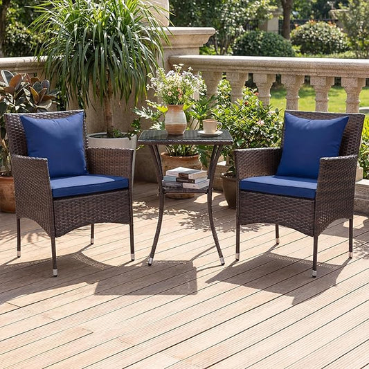 Tangkula 3 Pieces Patio Wicker Bistro Set, 2 Rattan Chairs w/ 2-Tier Tempered Glass Table, Outdoor Conversation Furniture Set with Cushions for Backyard, Porch, Poolside (Mix Brown+Navy)