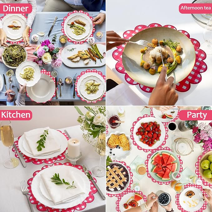 100Pcs Checkered Paper Placemats Red Gingham Place Mats 13.5 Inch Disposable Round Decorative Dining Table Mats with Scalloped Edges Paper Cutouts Decor for Summer Picnic BBQ Table Party Supplies