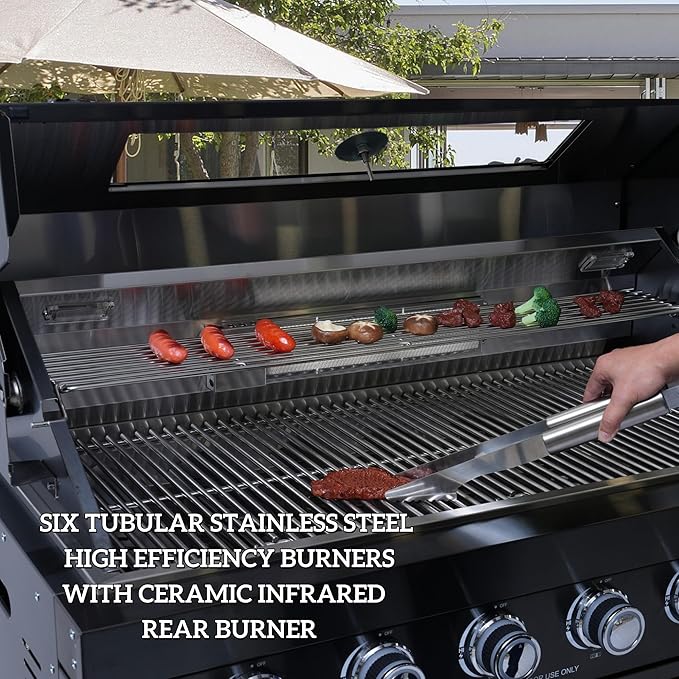 43-Inch Modular Outdoor Kitchen Grill with 6 Stainless Steel Burners 85000 BTU, Deluxe BBQ Station with Granite Countertop, Rotisserie Kit, 304 Stainless Steel Sink, Portable Refrigerator (Black)