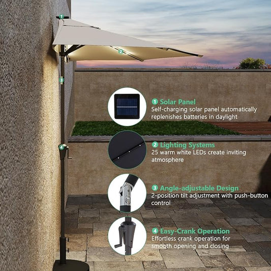 Helios&Hestia 9 ft Small Half Round Solar Powered Wall Outdoor Market Patio Umbrella with LED Lights and Tilt for Garden, Deck, Balcony