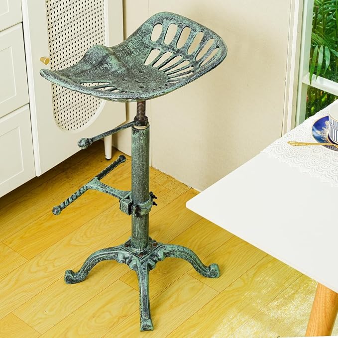 Sungmor 26-32 Inch Adjustable Cast Iron Swivel Bar Stool - Antique Green | Vintage Industrial Barstool with Ergonomic Seat & Footrest for Home Bar Bistro Counter Height Dining Decor Accent