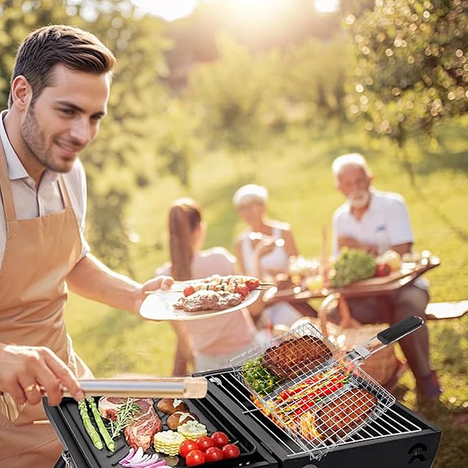 Fish Grilling Basket, Stainless Steel Grill Basket with Removable Handle, Portable Folding Grilling Rack for Outdoor Cooking Meat Vegetables Seafood BBQ