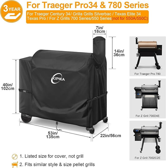 Kipiea Heavy Duty Grill Cover for Traeger Pro 34 & 780 Series, 600D Oxford Fabric Wood Pellet Smoker Covers Waterproof & Windproof, Pellet BBQ Grill Cover for Outside Anti-UV, No Tear, No Fading