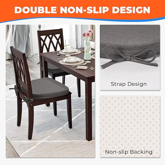 Sunsleek Chair Cushions for Dining Chairs, D-Shaped Seat Cushions with Removable Washable Cover and Ties, Chair Pads for Kitchen, Indoor Dining Room, Patio Chairs, 17'' x 16'', Set of 4, Dark Grey