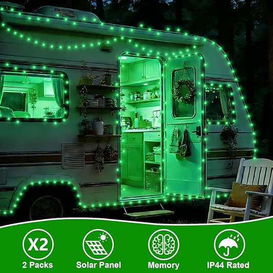 QITONG Green Solar String Lights, 2 Pack Each 66ft 200 LED Christmas String Lights Outdoor Waterproof, 8 Modes Green Wire Solar Twinkle Lights