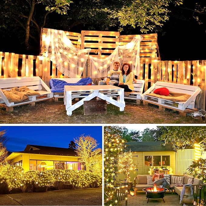 KNONEW 203FT 600 LED Outdoor Fairy Lights Plug in, Christmas Fairy Lights Outdoor Waterproof 8 Modes Memory Times for Wedding Bedroom Walls Garden Trees Decoration(Warm White)