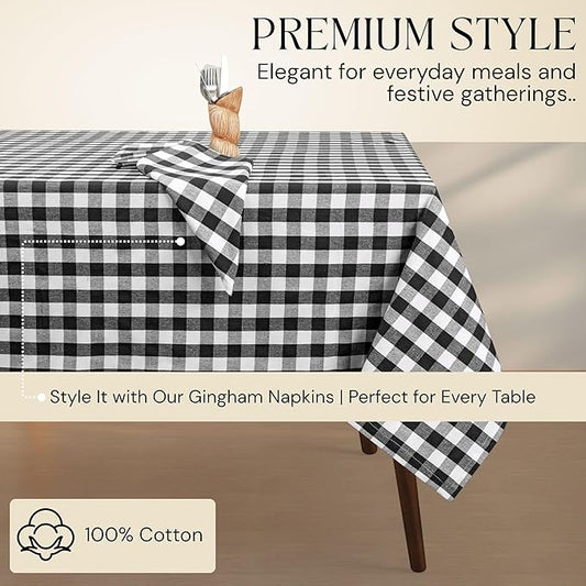 Gingham Buffalo Check 60"x84" Tablecloth 100% Cotton Washable Rustic Rectangle Table Cover Decorative for Gifts, Dining, BBQ, Buffet Parties & Camping - Black