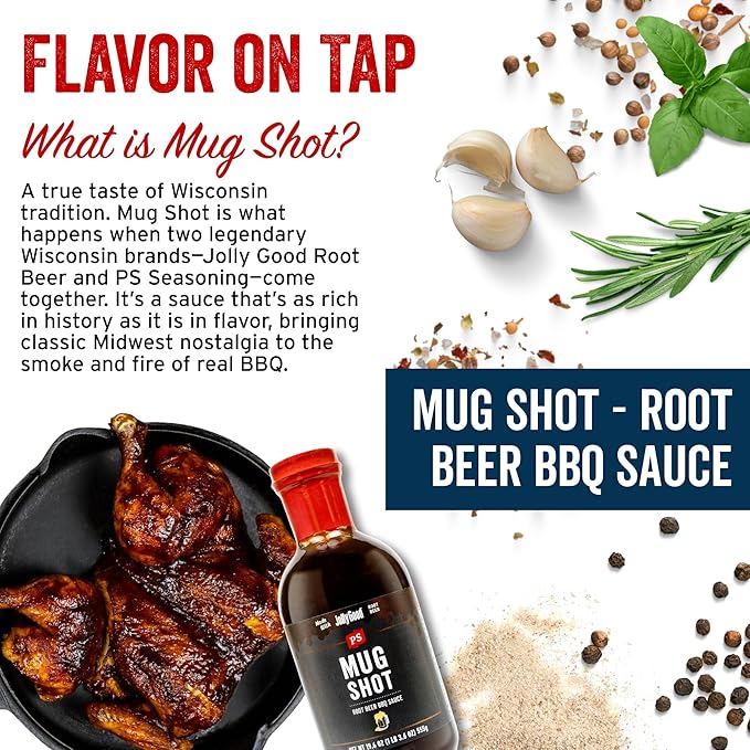 PS Seasoning Mug Shot Root Beer BBQ Sauce – Smoky & Caramelized Flavor – Marinade, Glaze, Dip & Finishing Sauce for Ribs, Pulled Pork, Burnt Ends, Chicken Wings & More
