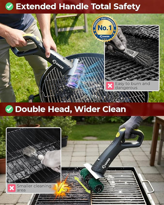 Saker Electric Grill Brush with 450 RPM & LED Light | Tangle-Free Grill Cleaning Brush with Durable Roller | Complete 8-Piece Brush & Scouring Pad Kit | Ideal Grilling Gift for Dad