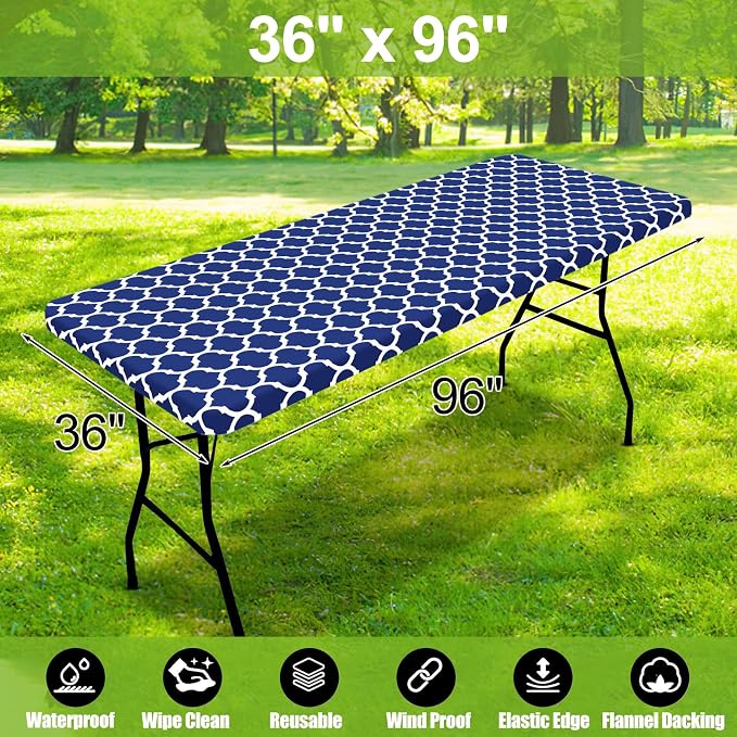 Smiry Picnic Fitted Table Cover, 8 Foot Flannel Backed Vinyl Tablecloth | Waterproof Elastic Stretch Table Cloth, Wipeable Plastic Tablecloth for Camping, Indoor & Outdoor (Navy, 36" x 96")