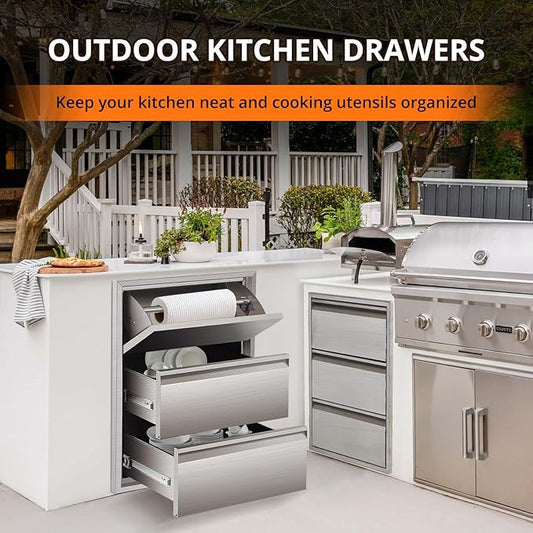 18" W x 23" H x 23" D Outdoor Kitchen Drawers with Paper Towel Holder, 3-Layer Outdoor Kitchen Access Drawer, Stainless Steel Built-in BBQ Drawer for Outdoor Kitchen Island, Patio Grill Station