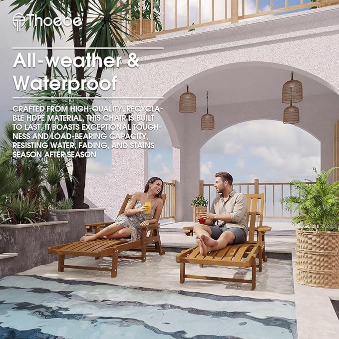 THOEOE Patio Chaise Lounge Chair Set of 2, Oversized Lounge Chair Outdoor with 5 Positions, 78″ Long, HDPE, Patio Lounge Chair with Wheels & Cup Holder for Pool, Deck, Poolside,Wood