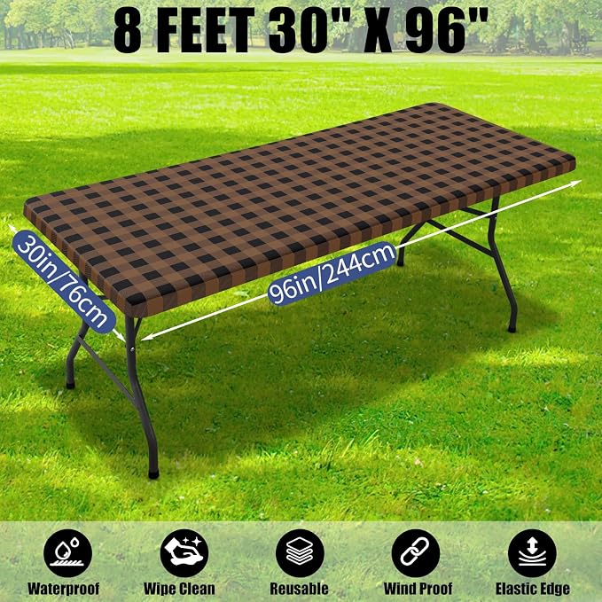 Smiry Picnic Table Cloth 2 Pack, Waterproof Elastic Fitted Tablecloths for 8FT Rectangle Tables, Washable Polyester Buffalo Plaid Tablecloth for Camping & Outdoor (Black & Brown, 30" x 96")