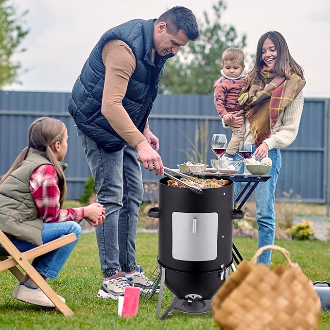 LEADZM 4-Tier 3-in-1 Vertical Charcoal Grill, BBQ Charcoal Smoker with Built-in Thermometer, Air Vent, and Access Doors, Perfect for Camping, Picnics, Backyard BBQs, and Tailgating Parties