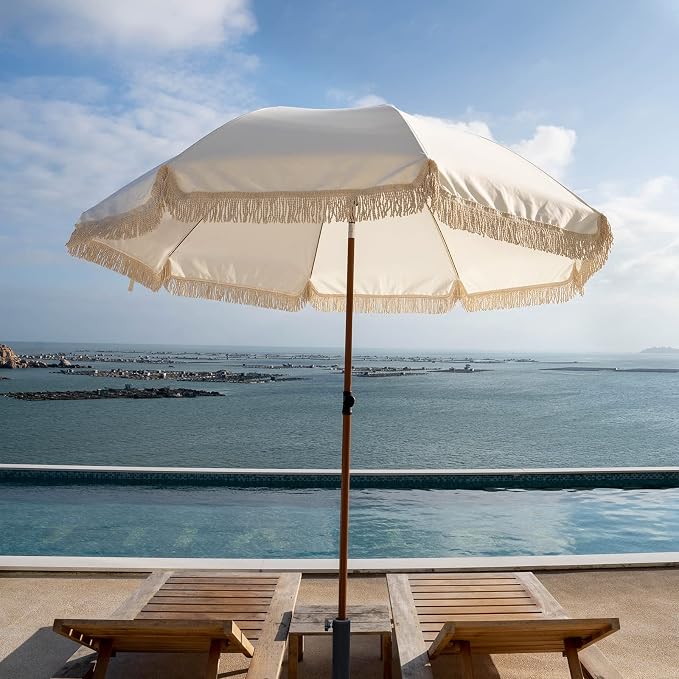 7.5Ft Patio Beach Umbrella with Fringe & Tassel, UPF50+ Push Button Tilt & Crank, Ideal for Garden, Lawn, Deck, Yard & Pool
