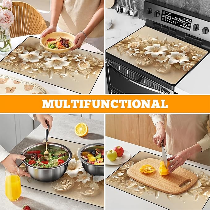 Multi-Design Stove Cover for Glass/Electric Stoves - 3-in-1 Heat-Resistant Protector Mat, Non-Slip Drying Rack 28"x20"