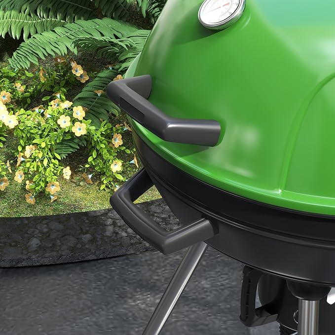 21" Kettle Charcoal BBQ Grill Trolley with 360 sq.in. Cooking Area, Outdoor Barbecue with Shelf, Wheels, Ash Catcher and Built in Thermometer for Patio, Backyard Party, Green