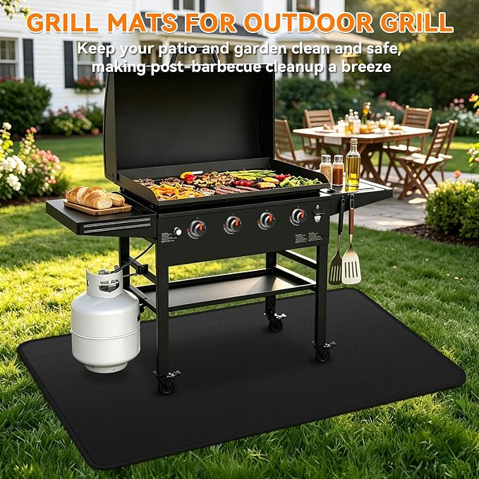 Under Grill Mats for Blackstone - 65 x 39 Inch BBQ Mats for Outdoor Grill Deck Protector, Double-Sided Fireproof Oil-Proof Waterproof Griddle Floor Mat for Outdoor Grilling, Easy to Clean