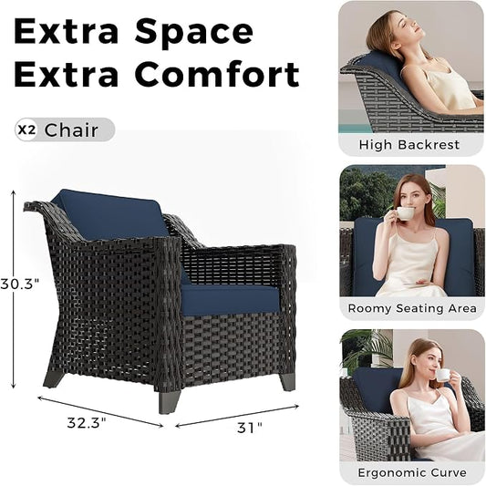 2 Piece Patio Furniture Set, Wicker Outdoor Conversation Set | Patio Chair Set with Olefin Removable Cushion, All-Weather Armchairs with Deep Seat for Porch, Deck and Backyard, Blue