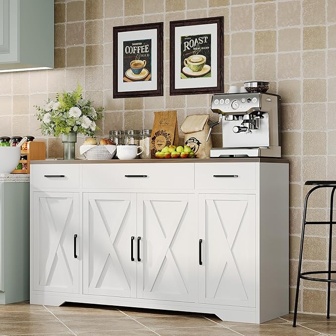 Garvee 55" Large Buffet Sideboard Cabinet, Coffee Bar Cabinet Buffet Table | Buffet Cabinet with Storage 4 Doors and 3 Drawers Kitchen Storage Cabinet for Dining Room, Living Room, Adjustable Shelf