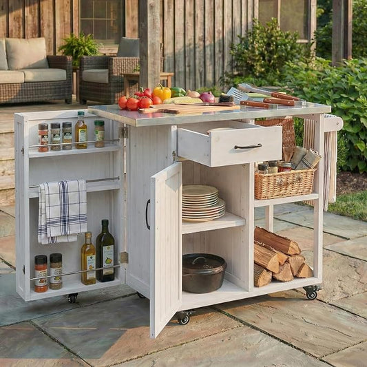 JIVOIT Outdoor Kitchen Island with Stainless Steel Worktop, Fir Wood Prep Station Lockable Kitchen Cart with Ample Storage Space, Towel and Spice Racks for Patio and Outdoor (White/122)