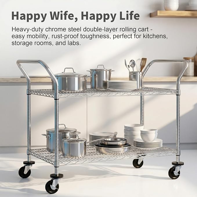 Finnhomy 2 Tier Commercial Grade Rolling Cart, Heavy Duty Utility Cart, Carts with Wheels and Handles, Kitchen Carts on Wheels, Metal Cart with 600 lbs Capacity, Shelf Size 23.6"Dx47.2"W x 39.4"H, NSF