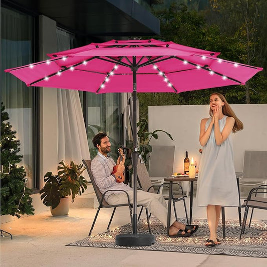 JEAREY 9 ft 3-Tier Outdoor LED Lighted Patio Umbrella w/Crank, Pink | Solar Market Table Umbrella with 8 Sturdy Ribs, UV Protection Waterproof Sunproof for Garden, Deck and Backyard