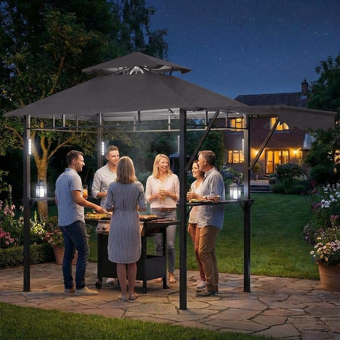 8x5 ft Grill Gazebo, Double Tired Outdoor Patio Canopy Tent with Side Awning Shelves, 4 LED Lights,10 Hooks & Bottle Opener,Heavy Duty Steel Frame Grilling Canopy for Patio Backyard Garden Picnic,Grey