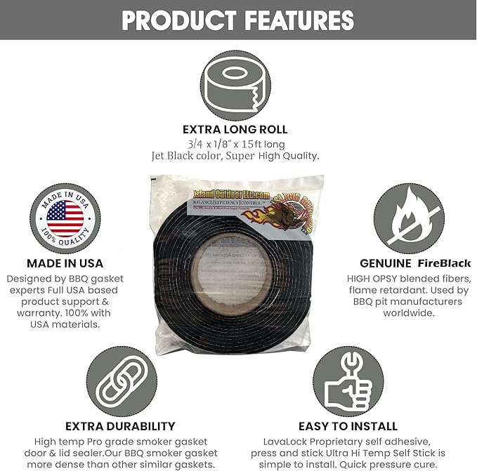 FireBlack Black High Temp Gasket Vision Kamado Smoker Grill Self Stick w/LavaLock