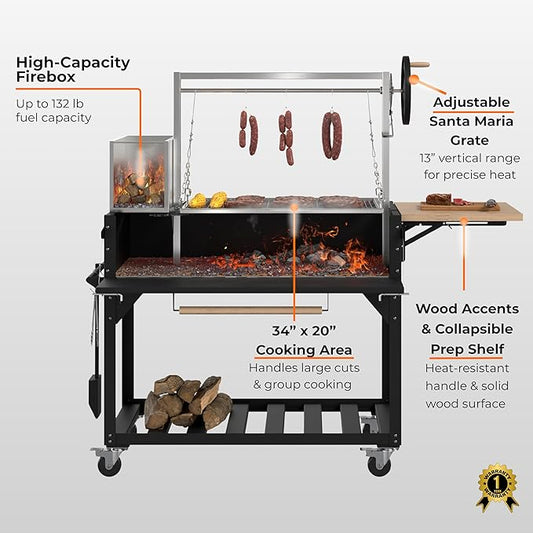 KoolMore 72 in. Charcoal and Wood BBQ Grill, Santa Maria Argentine Style Grill with Adjustable Grate, Heavy Duty, in Black