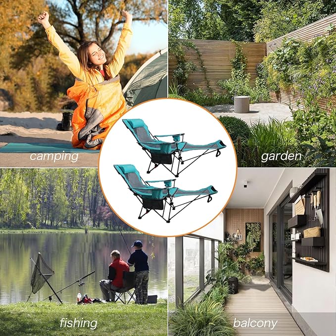 Reclining Camping Chair with Removable Footrest Lounge Chair with Headrest, Cotton Cushion, Portable Adjustable Folding Chairs