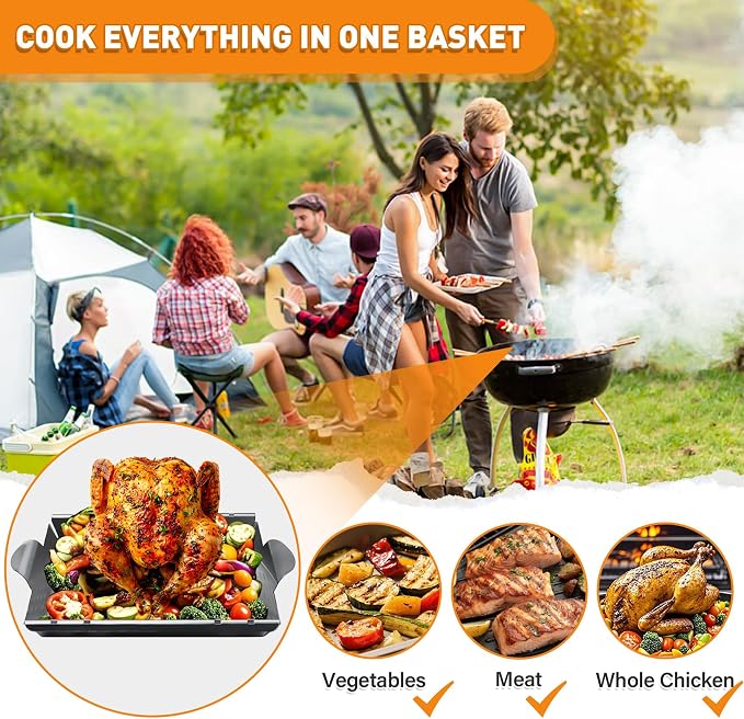 Upgraded Beer Can Chicken Holder for Grill Smoker Oven, Vertical Chicken Roaster Stand with Handle, Large Stainless Steel BBQ Barbecue Accessories, Indoor Outdoor Grill Rack Vegetables Grilling Basket