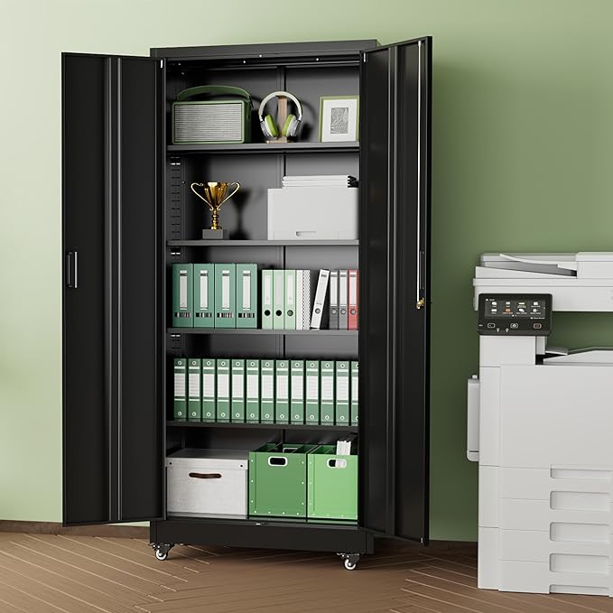 INTERGREAT 73" H Metal Storage Cabinet with Wheels, Locking Doors and Adjustable Shelves, Black Rolling Steel Tool Cabinet for Home Office, Garage, Warehouse