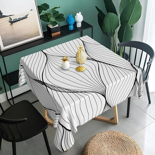 Black White Striped Square Tablecloth Abstract Modern Wave Stripes Washable Wrinkle Free Spill Proof Decorative Square Table Cover for Dining Table Farmhouse Kitchen Restaurant 60x60 Inch