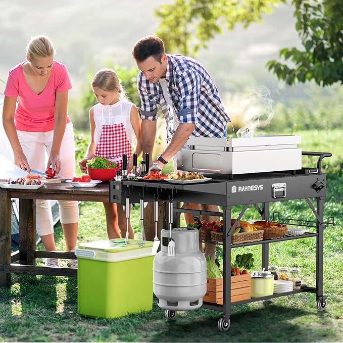 Raynesys Outdoor Grill Cart, 440lbs Outdoor Grill Table, 31x17 inch Blackstone Griddle Stand, Portable Folding Cart with Wheels, 2-Tier Storage Rack & Side Storage Box (Black)