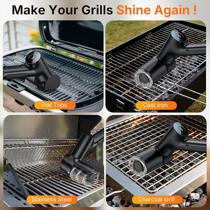 Electric Grill Brush for Outdoor, Portable BBQ Grill Cleaner | LED Light, 2 Replaceable Head, 3-Speed,LED Display, Gill Cleaning Brush Grill Accessories for Charcoal Grill, Gifts for Men