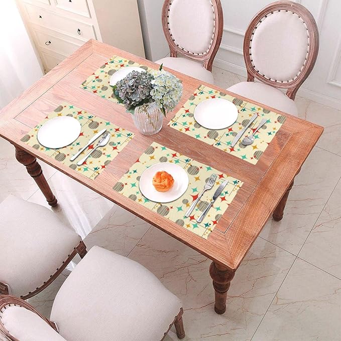 Mid Century Modern Atomic Retro Placemats Set of 4, Linen 12x18 Inch | Yellow Table Mats Heat Resistant Washable Placemat for Kitchen Dining Table Holiday Home Decor Place Mats