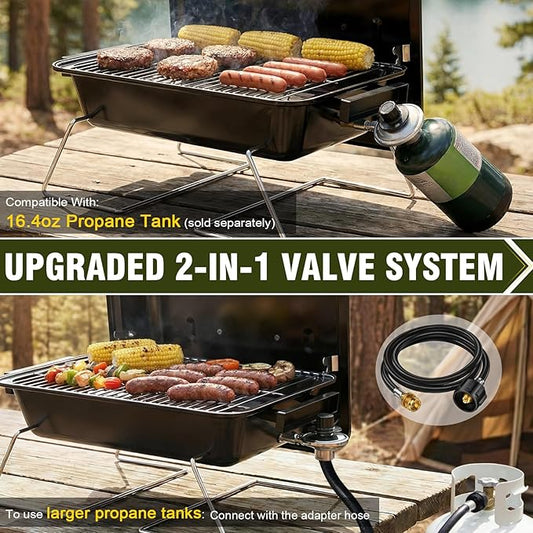 BESTFIRE Portable Propane Gas Grill with New 2-in-1 Valve - Compatible with Large Tank & Small Cylinder, Gas Grill with Foldable Legs & Adjustable Regulator,Heavy Duty, Perfect for Outdoor Camping
