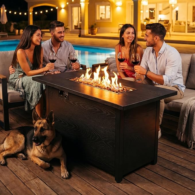 42" Propane Fire Pit, Outdoor Wicker Fire Pit Tables Rectangular Tabletop with Lid and Blue Fire Glass, 50000 BTU w/CSA-Certified, Glass Wind Guard and Tables for Outside Patio, Backard (Black)