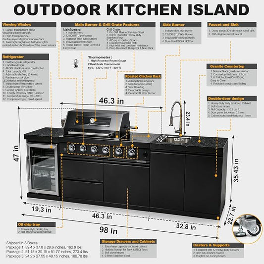 98" 4-Burner Modular Outdoor Kitchen Island, 72000 BTU Propane Gas Grill | 4 Burners & Side Stove, Rear Infrared, Granite Countertop, Fridge, 360°Faucet,304 Sink, Rotisserie, Storage Cabinet