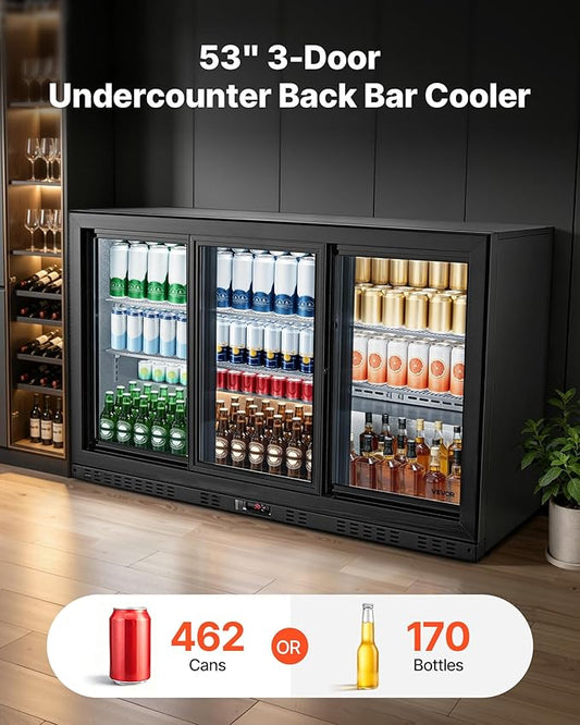 VEVOR Back Bar Cooler, 11.4 Cu.Ft Commercial Beverage Refrigerator, 3 Sliding Glass Doors, Fan Cooling Under Counter Beer Fridge w/LED Lighting, Shelves, Low-E Glass Display for Drinks, Bar, Store