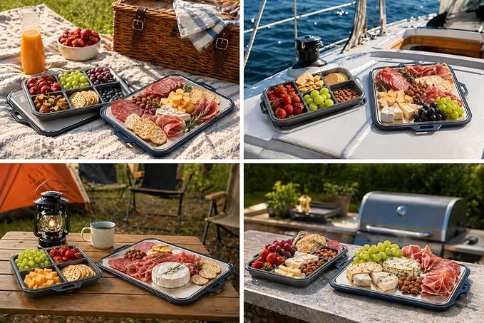 Multi-Purpose Serving and Entertaining Tray with Foldable Silicone Lid and Divided Plates, Stainless Steel Serving Set for Kitchen, Camping, BBQ and Outdoor Events