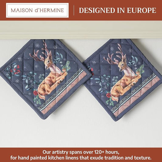 Maison d' Hermine Pot Holders 100% Cotton Potholders (8" x 8", Pack of 2) | Heat Resistant Hot Pads with Loop BBQ Cooking Baking Hotel Kitchen Handling Hot Pans Thanksgiving Christmas - Christmas Joy