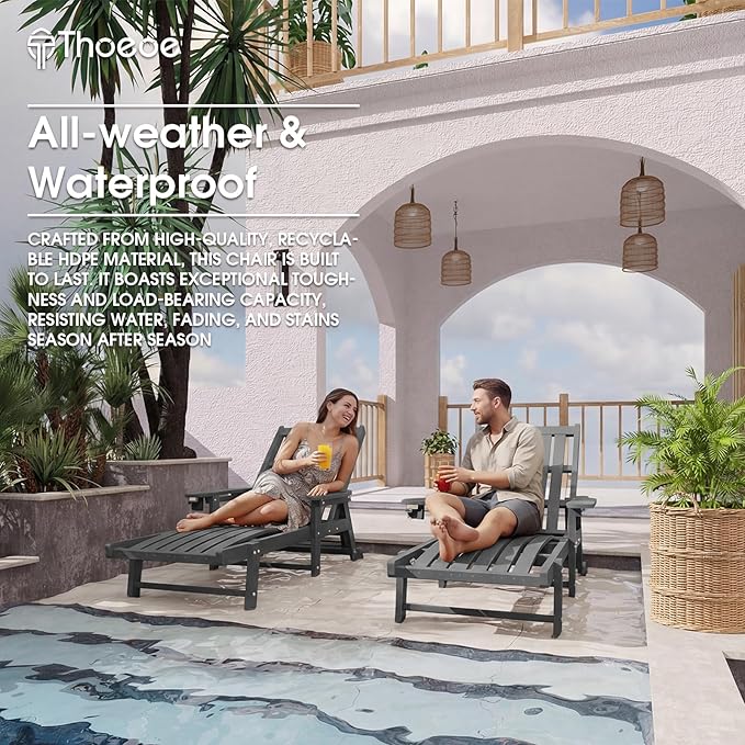 THOEOE Patio Chaise Lounge Chair Set of 2, Oversized Lounge Chair Outdoor with 5 Positions, 78″ Long, HDPE, Patio Lounge Chair with Wheels & Cup Holder for Pool, Deck, Poolside,Grey